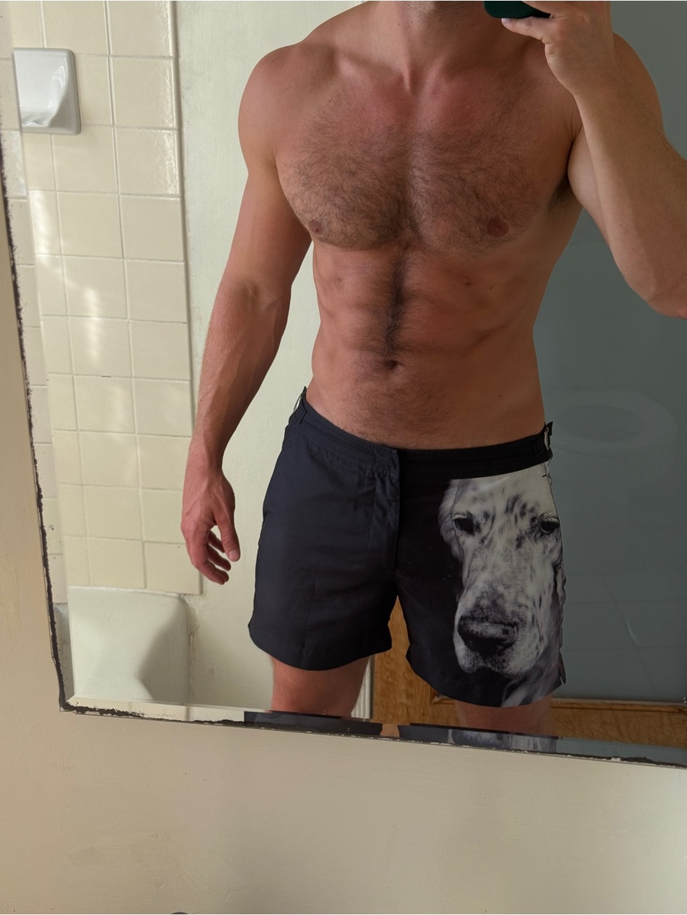 Orlebar Brown Black Swim Shorts with Dog Face Print